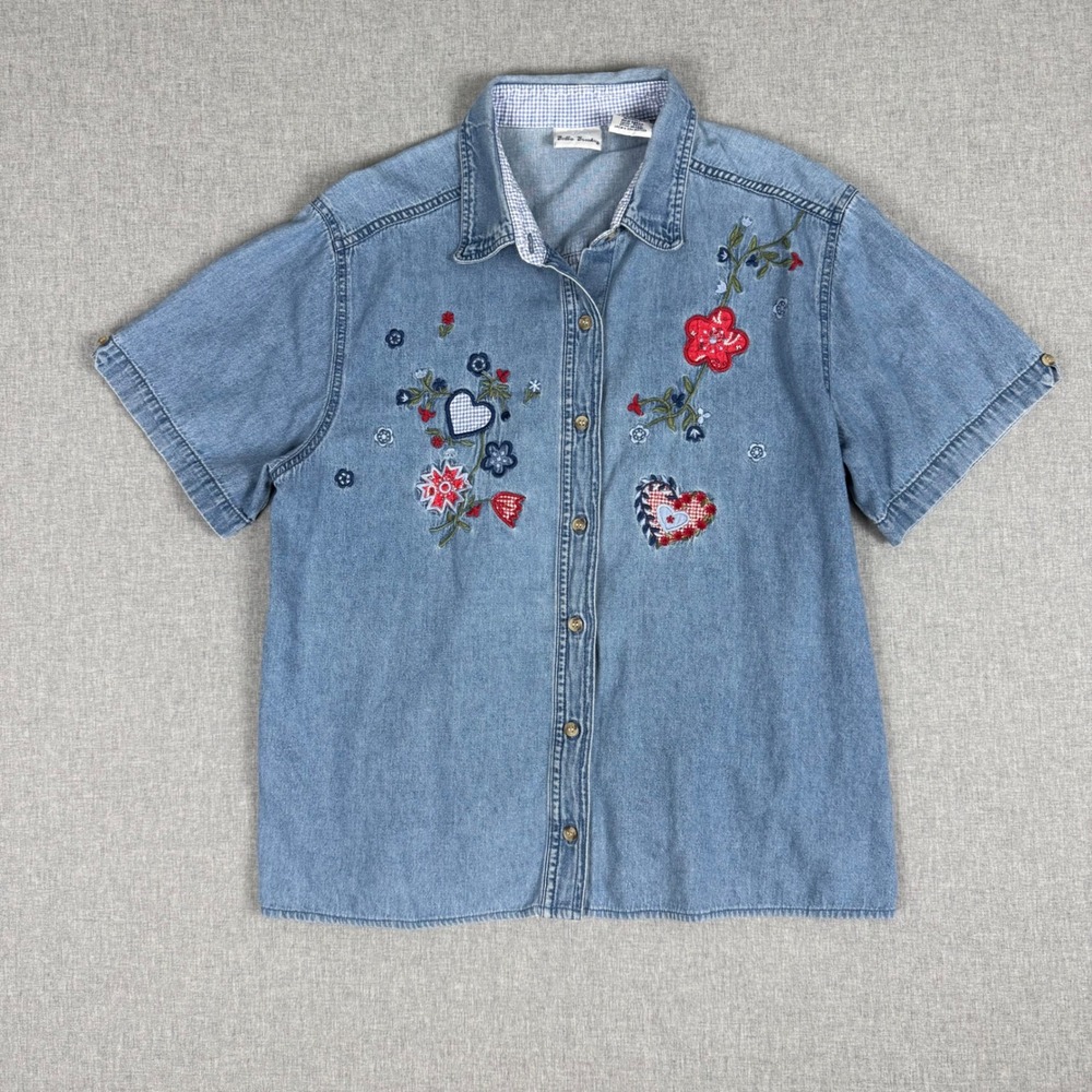 Bobbie Brooks Blue Denim Embroidered Heart Floral Button Up Shirt Large